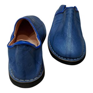 Blue Moroccan Leather Babouche Unisex Handmade Traditional Shoes